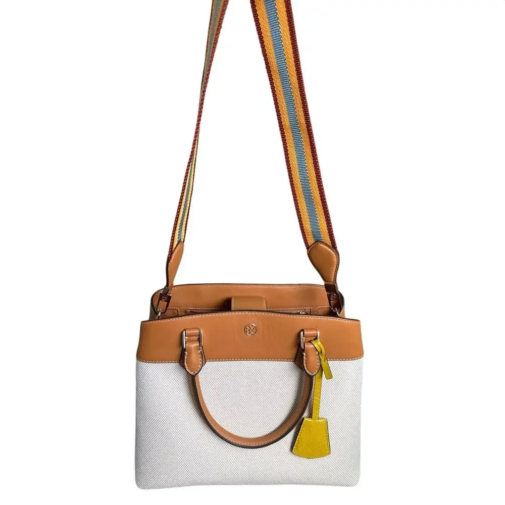 Tory Burch Canvas & Leather Tote Bag with 2 Interchangeable Straps Neutral Tan